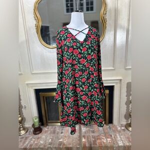 Disney Snow White Rose Print Dress XL Black Red Floral Long Sleeve Keyhole